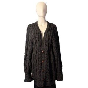 Vtg LL Bean Fisherman Cardigan Cable Knit Sweater Gray 100% Wool Ireland SZ XL